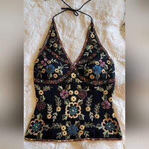 Vintage Aftershock floral embroidered and beaded halter top S